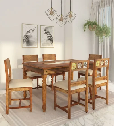Teak Dining Set Elegant with Cushioned Seating and Carved Wooden Frame