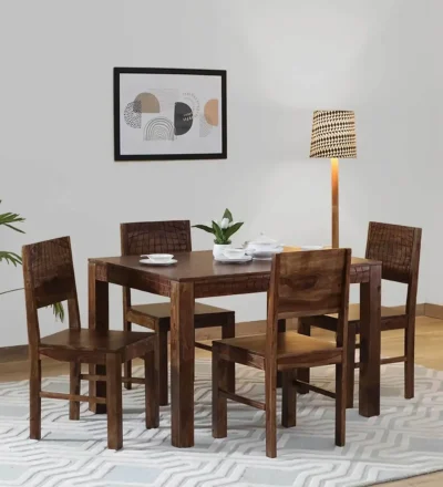Minimalist Dining Table Wooden Set with Sleek Legs and Soft Cushioned Chairs