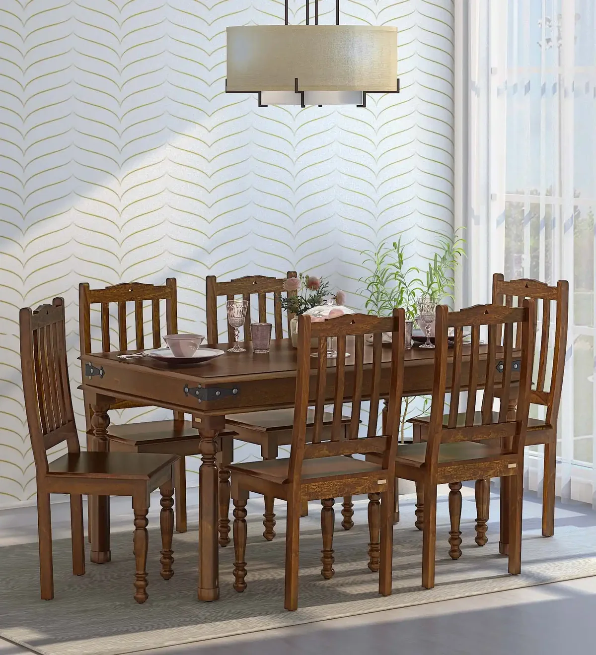 Lecxi Solid Sheesham Wood 6 Seater Dining Table Set - Image 7
