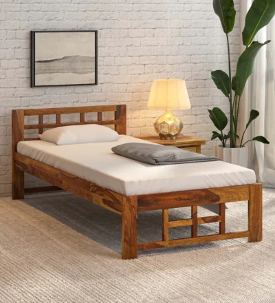 Handcrafted Wooden Single Bed with Strong Legs and Natural Finish