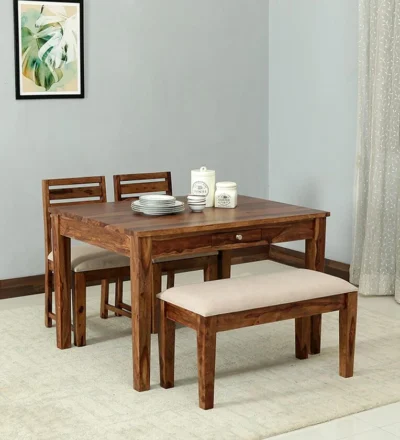 Teak Finish Dining Set with Slatted Chairs and Thick Tabletop Design
