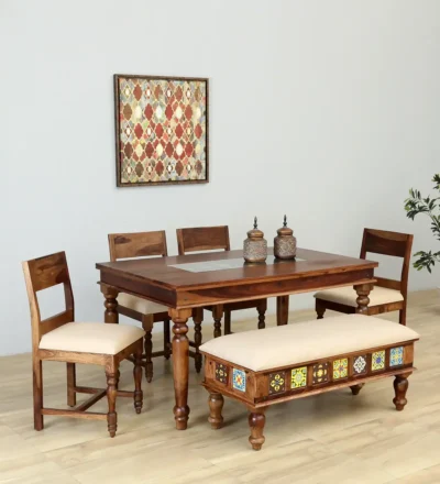 Modern Wooden Dining Set 6 Seater with Open Legs and Tufted Upholstery Comfort