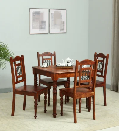 Rustic Dining Set with Compact Table and Slim Backrest Upholstered Wooden Chairs