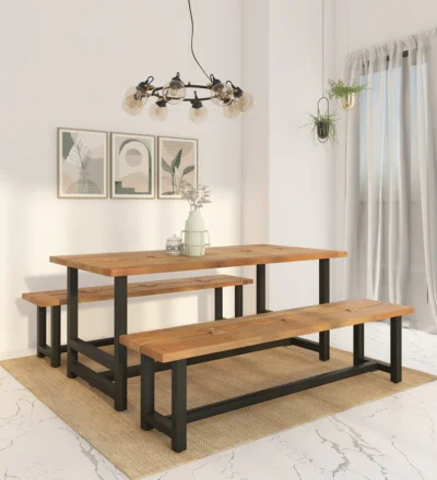 Handcrafted Dining Table Set with Sheesham Wood and Matching Bench Seating