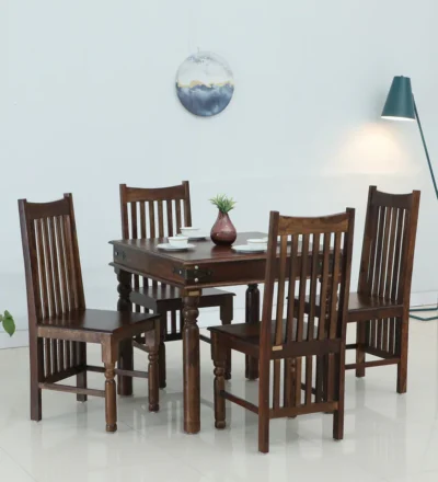 Dining Set Sheesham Wood with Carved Table Base and Padded Chair Seats