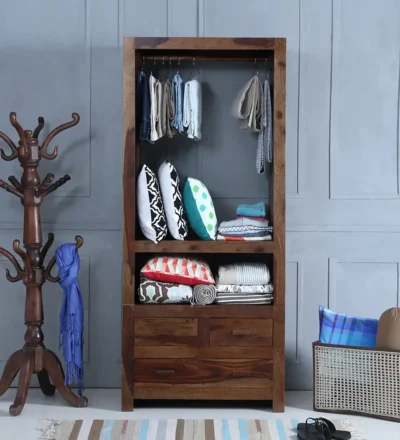 Solid Teak Wood Wardrobe with Shelves and Lockable Storage Compartments