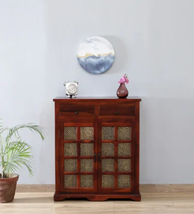 Elegant Sheesham Cabinet with Storage Drawers and Carved Wooden Side Panels