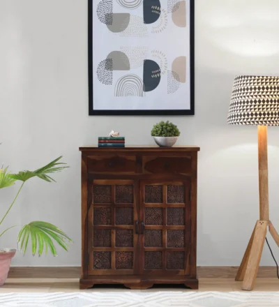 Antique Style Wooden Cabinet with Interior Shelves and Two Storage Compartments