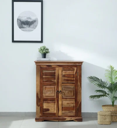 Compact Wooden Storage Cabinet with Carved Top and Lower Storage Compartment