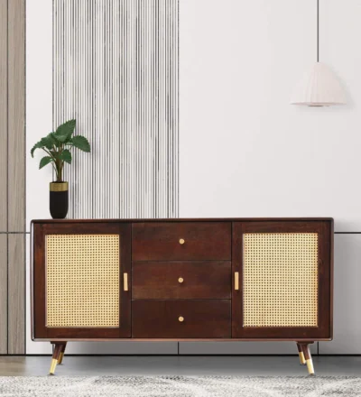 Wooden Cabinet with Drawer and Shelf Combination in Compact Teak Finish