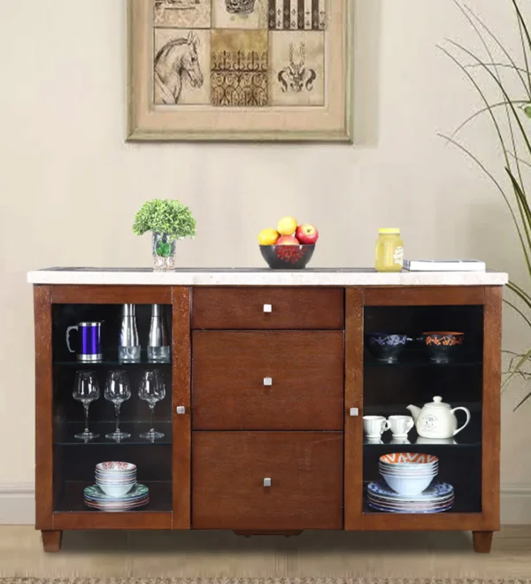 Rustic Wooden Crockery Unit with Carved Details and Ample Storage Space