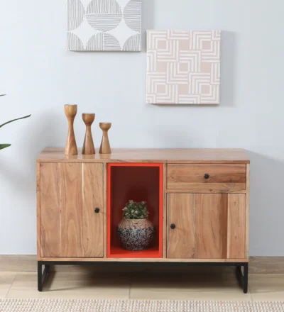 Rustic Teak Sideboard with Carved Panels and Wide Storage Compartments1 Darwer