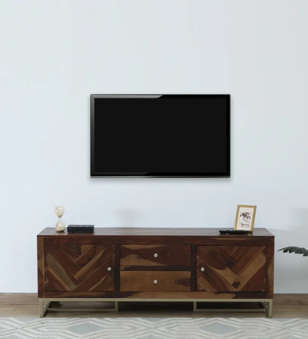 Wide TV Stand with Carved Drawers in Sheesham Wood Finish