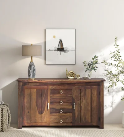 Wooden Teak Wood Sideboard with Closed Storage Cabinets and Open Display Section