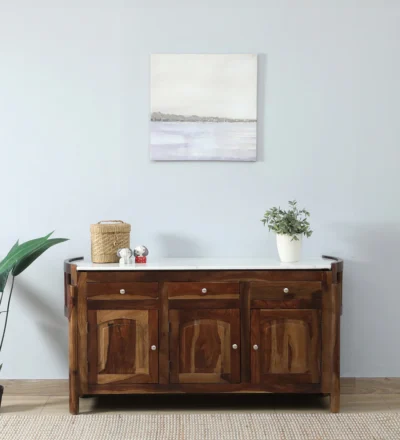 Classic Sheesham Wood Sideboard with Carved Front Panels and Storage Drawers