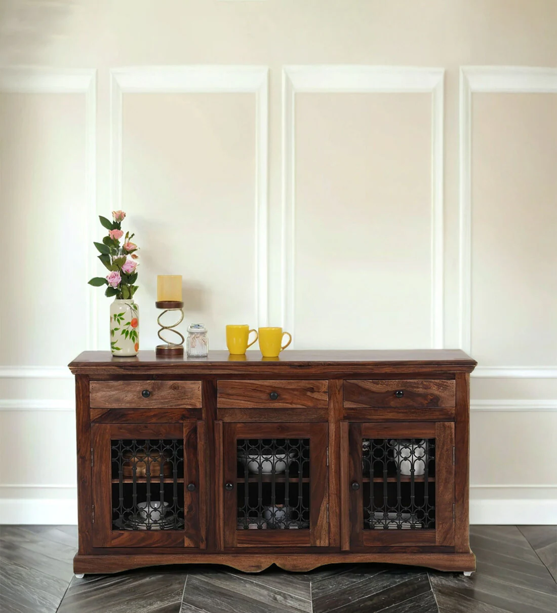 Solid Wooden Sideboard with Open Display and Storage Drawer Compartments