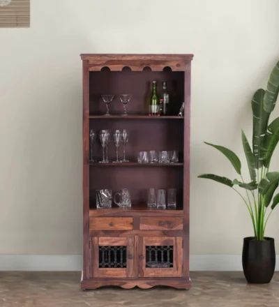 Sheesham Crockery Cabinet with Pull-Out Drawers, Shelves, and Display Section
