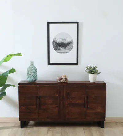 Rustic Sheesham Sideboard with Carved Panels and Open Display Shelves