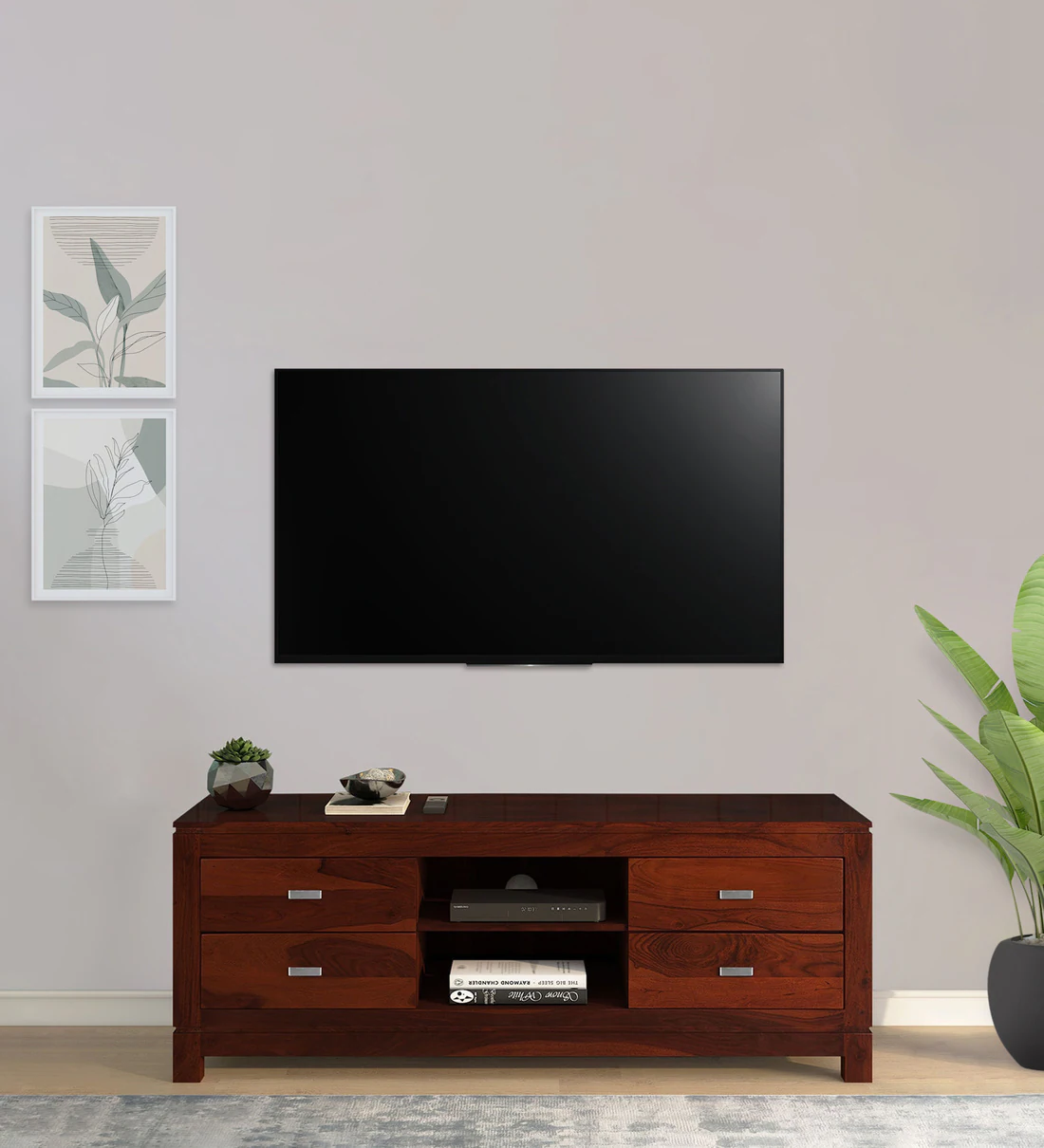 Corner TV Stand with Solid Wood Construction and Decorative Drawer Fronts