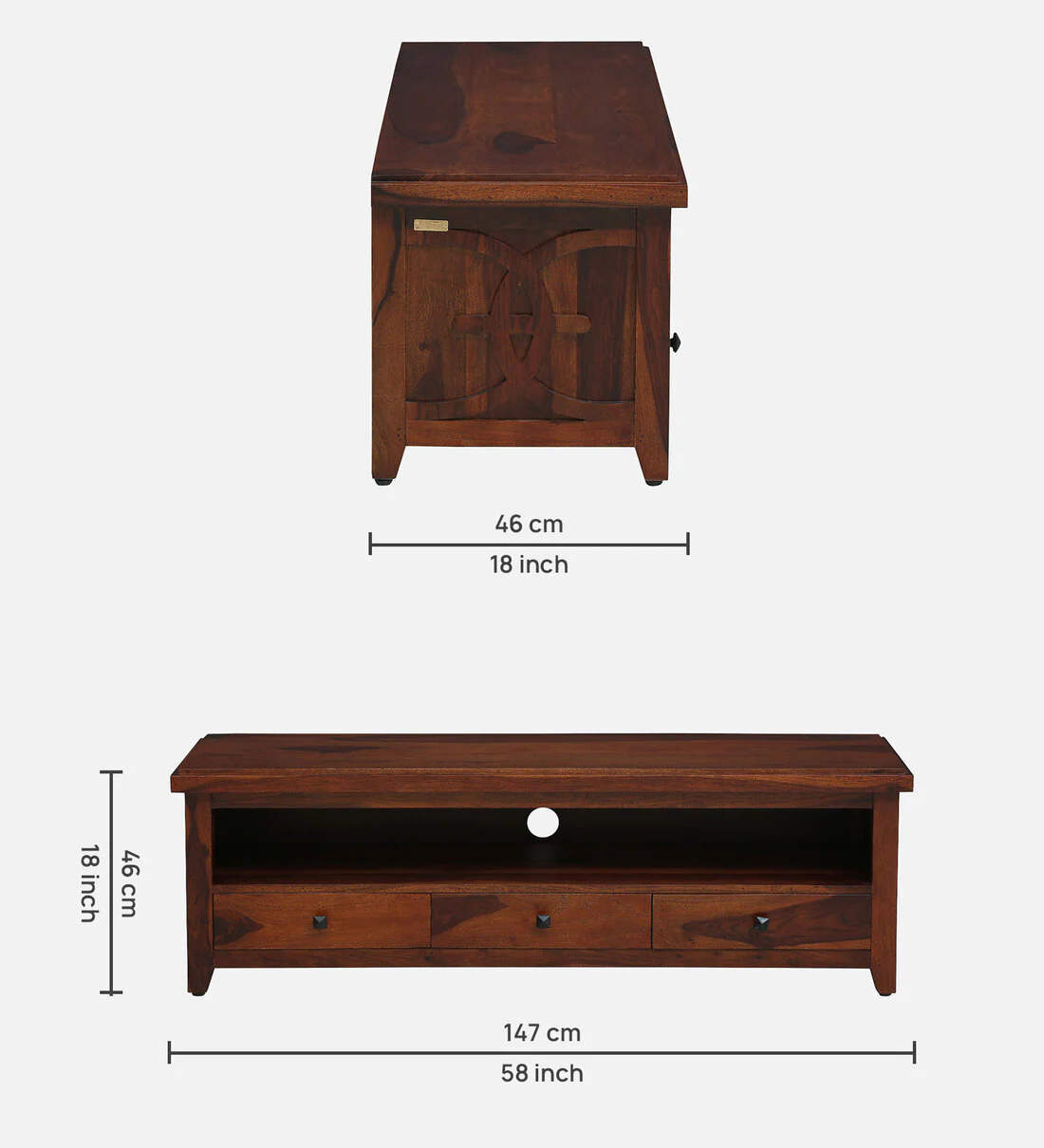 TV Console with Drawer and Cabinet in Polished Sheesham Wood - Image 3