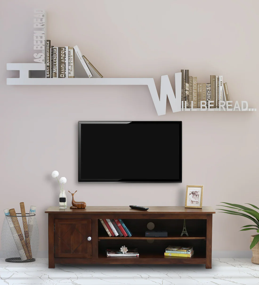 Floating Style TV Console in Sheesham Wood for Wall Mount Setup