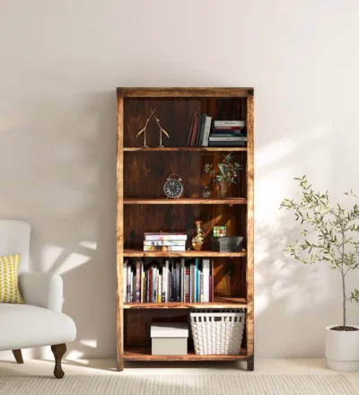 Traditional Sheesham Wooden Bookcase with Carved Side Panels and Natural Polish