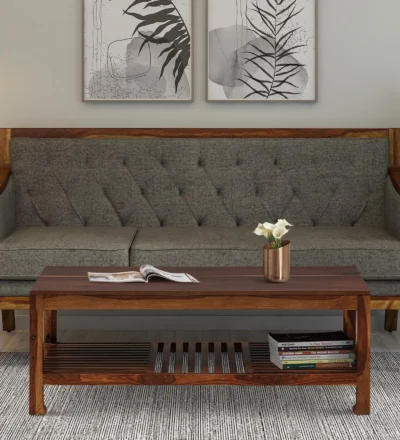 Solid Wood Coffee Table with Storage Basket and Industrial Style Design