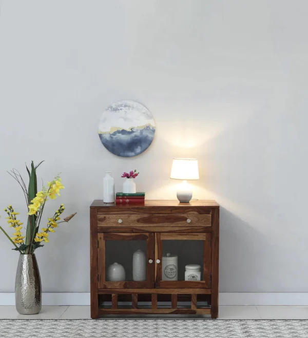 Compact Wooden Crockery Unit with Glass Panels and Spacious Drawer Base