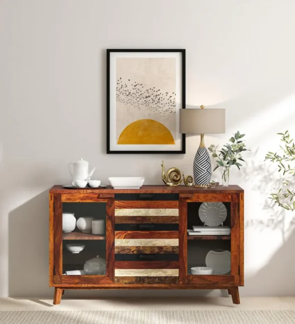 Teak Wood Crockery Unit with Glass Display, Drawer, and Side Cabinet Online