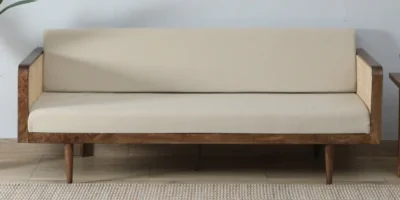 Sheesham 3 Seater Sofa with Smooth Polish and Soft Linen Cushions