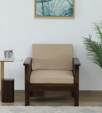 Rustic Sheesham Wood Sofa with Elegant Design and Soft Upholstered Cushions