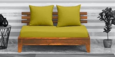 2 Seater Wooden Sofa with Padded Backrest and Handcrafted Solid Frame