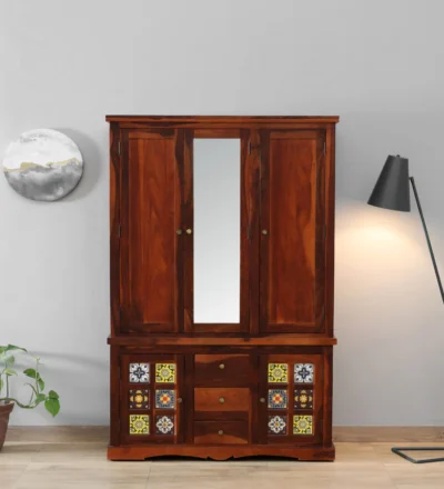 Rustic Sheesham Wood Wardrobe with Brass Handles and Drawers By Classic Wood