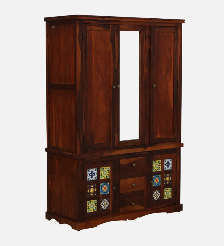 Rustic Sheesham Wood Wardrobe with Brass Handles and Drawers By Classic Wood - Image 6