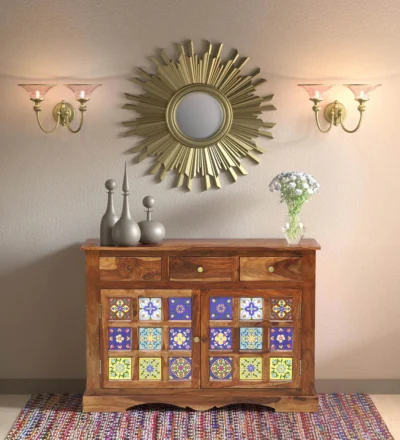 Wooden Sideboard with Carved Panels and Multiple Storage Drawer Units