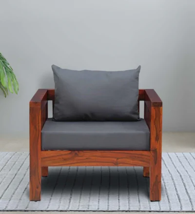 Handcrafted One Seater Sofa with Soft Fabric and Polished Wood Base