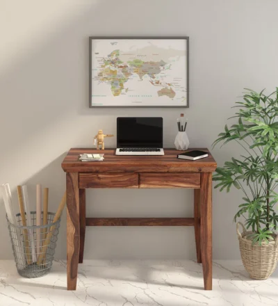 Wooden Writing Desk with Smooth Finish and Multi-Tier Book Rack