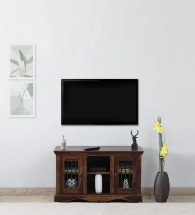 Sheesham Wood TV Console with Drawers and Open Shelf for Living Room