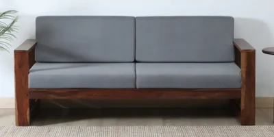 Three Seater Fabric Sofa for Urban Homes with Wood Base and Pillow Arms