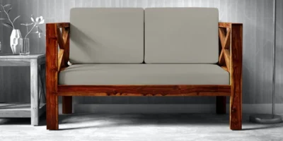 Stylish 2 Seater Sofa with Neutral Tone Fabric and Wooden Frame Legs