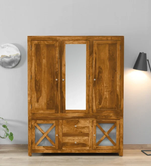 Bedroom Wooden Wardrobe with Ample Storage and Mirror Panel Design