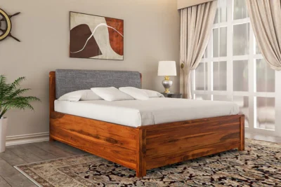 Classic Wood Cest hydraulic storage bed with soft upholstered headboard and spacious under-bed storage.