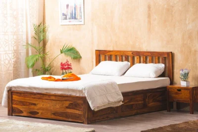 Classic Wood branded wooden bed frame with hydraulic storage lift mechanism, dark brown finish