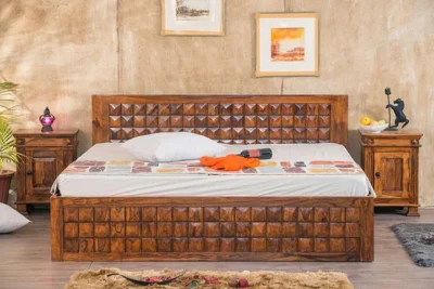 Sleek modern wooden bed featuring hydraulic lift storage and minimal clean design.