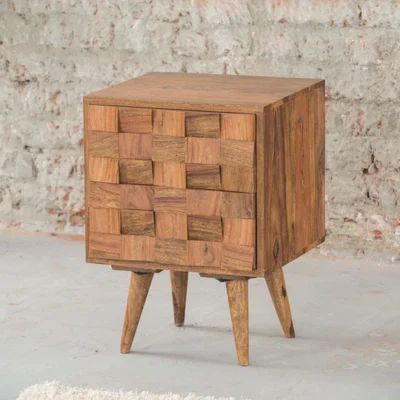 Solid Sheesham wood bedside table with smooth drawer and open shelf