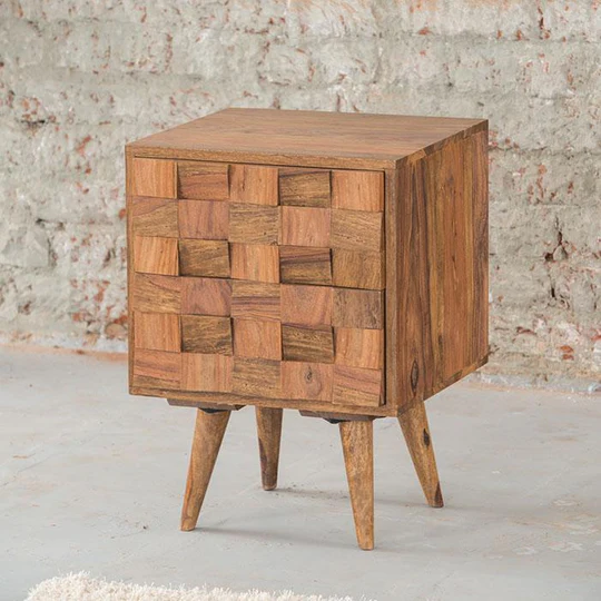 Solid Sheesham wood bedside table with smooth drawer and open shelf
