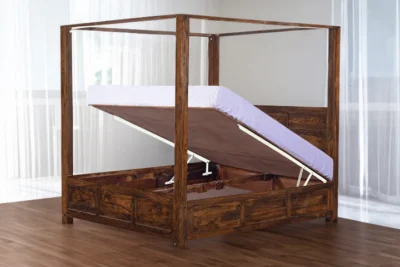 Elegant wooden poster bed with hydraulic under-bed storage by Classic Wood, rich wood finish