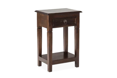 Modern wooden bedside table with carved drawer and urban style