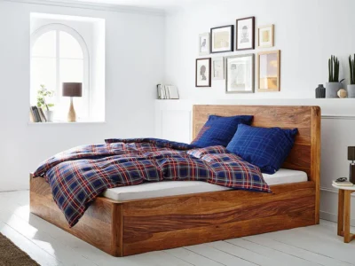 Elegant Sheesham wood bed with integrated storage boxes, low price online furniture