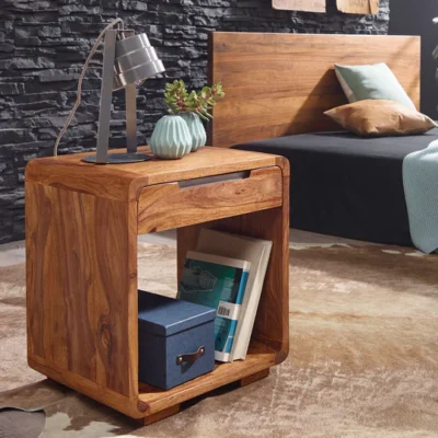 Sheesham wood velvet bedside table with smooth drawer design